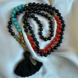 Black Onyx Mala 108 Beads Turquoise Coral Color Block Statement